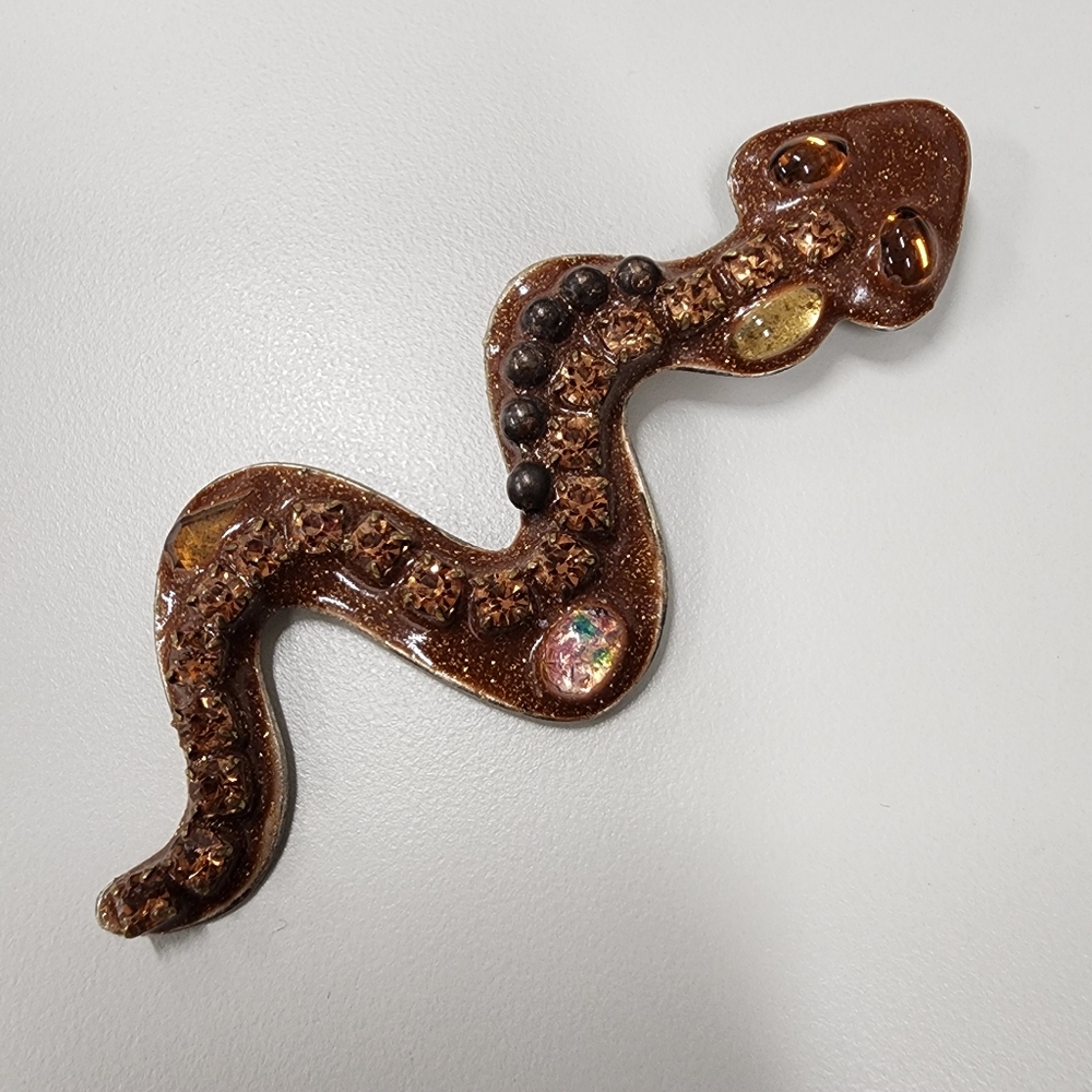 Brown Glitter Resin Snake Brooch Pin Embedded Rhinestone Statement Serpent